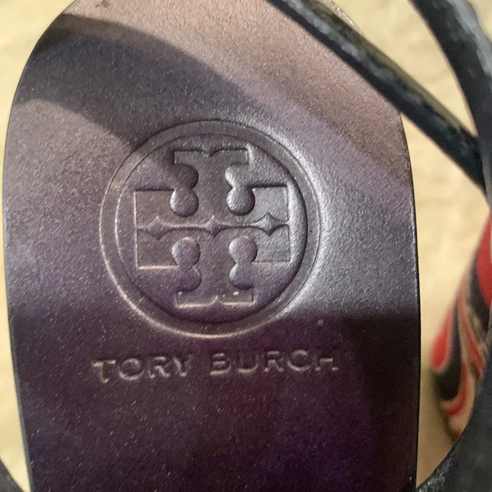 Tory Burch wedge sandals- navy and red design- 7.5